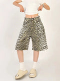 Qfdian  Women's Shorts Denim Leopard Print High Waisted Straight Leg Pants Street Harajuku Y2K Retro Versatile Fashion Wide Leg Jeans