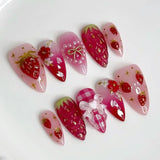 Qfdian 24pcs Wearable False Nail Strawberry Bow Design Nails Tips Red Short Almond Pearl Starlight Fake Nail Art Flower Press on Nails