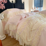 Qfdian 3/4Pcs Pink Korean Princess Style Lace Ruffles Bedding Set Single Queen Duvet Cover Bed Skirt/Bed Sheet/Fitted Sheet Pillowcases