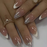 Qfdian  24Pcs Mid-length Almond Ballet False Nails Simple Cat Eye Design Press on Fake Nail Wearable Full Cover Nail Tips Manicure Tools