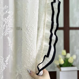 Qfdian  Cream Style Velvet Pole Twig Pattern with Black Ruffled Lace Trim Unique Design Opaque Tulle Curtains For Bedroom Living Room
