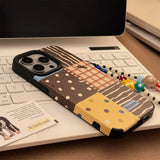 Qfdian  Retro Polka-Dot Patchwork Phone Case,For IPhone 17 16 Pro Max Case 15 14 13 12 11 ,imitation Leather Lanyard Covers Funda