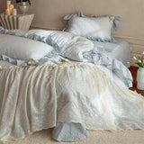 Qfdian French Lace Ruffles Princess Wedding Bedding Set Pure Cotton Double Layer Yarn Soft Duvet Cover Flat/Fitted Bed Sheet Pillowcase