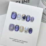 Qfdian  10Pcs Glamorous Purple Cat Eye False Nail Short Square Shape Nail Tips with Gold Foil for Women&Girls Daily Simple Nail Art Wear