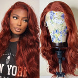 Qfdian Reddish Brown Wig Body Wave Synthetic Lace Front Wig Glueless Auburn Colored Copper Red Hair Frontal Lace Wigs for Women