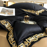 Qfdian 1000TC Egyptian Cotton Luxury Gold Embroidery Bedding Set Black Khaki Patchwork Duvet Cover Bed Sheet Fitted Sheet Pillowcases