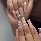 Qfdian 24Pcs French Fake Nails with Glue Long Square False Nails Flower Rhinestone Design Press on Nails Wearable Coffin Nail Tips