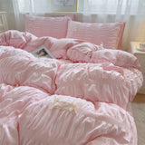 Qfdian  Korean Princess Style Pink Sweet Seersucker Bedding Set Soft Skin-friendly Duvet Cover Set Bed Sheet and Pillowcases 3/4pcs