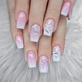 Qfdian 24Pcs Gradient Short Ballet Nails Set with Glue White Simple False Nails Coffin Fake Nail Press on Nails Full Cover Nail Tips