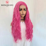 Qfdian 13X4 Rose Red Curly Wig Synthetic Lace Front Wig Natural Wavy Long Hot Pink Colored Hair Lace Frontal Wigs for Women Party Daily