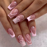 Qfdian  24Pcs Long Coffin False Nails Pink French Flowers Design Fake Nail with Butterfly Rhinestone Wearable Ballet Press on Nails