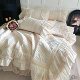 Qfdian  Rose Embossing Quilted Duvet Cover Set Vintage Lace Ruffles Pure Cotton Bedding Set Bed Sheet Pillowcases