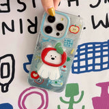Qfdian Cute 3d red fruit puppy stand holder cover for iphone 15 pro max 13pro 14pro 15pro 12 14 13 summer shiny blue motting phone case