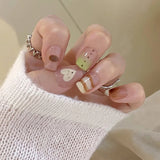 Qfdian  24pcs Spring Day Little Fresh False Nails Gradient Line Dot Love Heart Designs Press On Nails Pink Short Square Fake Nail Tips