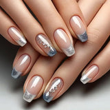 Qfdian  24Pcs Short Square Coffin False Nails Square Fake Nails with Glue French Glitter Wearable Acrylic Nails Set Press on Nail Tips