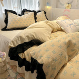 Qfdian  Floral print Korean style Princess Lace Bedding Set Duvet Cover Set Washed Cotton Flat Sheet set Queen For Girl Decor Home