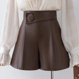 Qfdian  y2k Irregular Waist PU Shorts Women New Wide Leg A-Line Black Shorts Harajuku Loose Casual Faux Leather Shorts Female