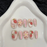 Qfdian  10pcs Handmade Sweet Fake Nails Aurora Gradient Pink False Nail Patches Full Cover Wearable Sweet Korean Flowers Press on Nails