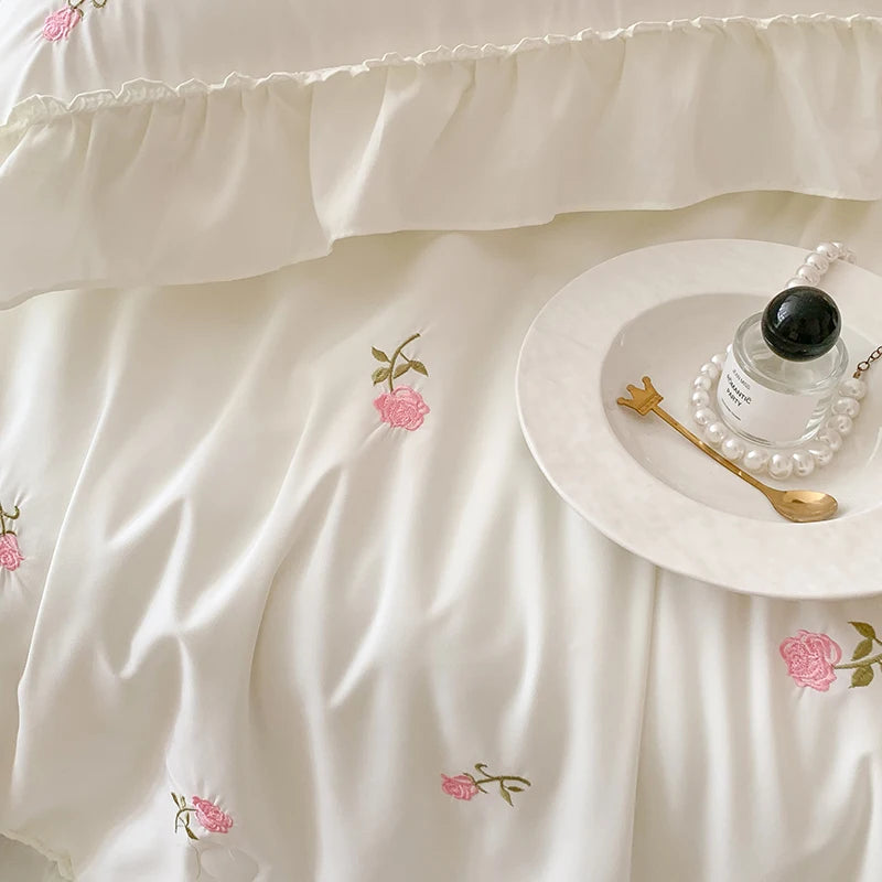 White Korean Princess Style Pink Rose Flowers Embroidery Ruffles Thin Summer Quilt Blanket Air Conditioning Quilt Single Double