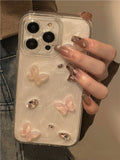 Qfdian  Drip Glue Stereoscopic Butterfly Diamond iPhone 15 14 Phone Case Suitable For 13 ProMax 12 11 Chain Hanging Strap xsmax Portable