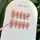 Qfdian 10Pcs Handmade Almond Press on Nails Pink French Luxury Decoration Reusable False Nails Full Cover Nail Tips for Girls