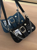 Qfdian Y2k Millennium Star Cowboy Underarm Bag Fashion Crescent Bag Canvas Handbag Chain Bag