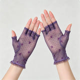 Qfdian  Summer sun protection half-finger lace gloves for women driving and riding ice silk thin breathable mesh elegant fingerless