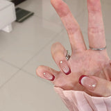 Qfdian 10pc Handmade Press on Nails French Ballet Nails Red Cat Eye Rhinestone Short Fake Nails Full Cover Wearable Nail Tips Art