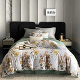 Qfdian Vintage Green Botanical Flowers Duvet Cover Set 600TC Egyptian Cotton Luxury Soft Bedding Set Fitted Sheet Bed Sheet Pillowcases