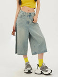 Qfdian  Korean Streetwear High Waisted Versatile Women's Straight Cropped Shorts Summer New American Retro Loose Women Wide Leg Jeans
