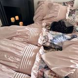 Qfdian Vintage Rose Oil Painting Style Ruffles Egyptian Cotton Bedding Set Duvet Cover Bed Sheet/Bed Skirt/Fitted Sheet Pillowcase 4Pcs