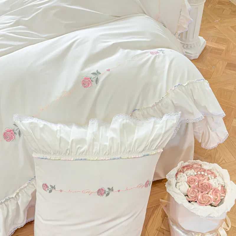 White Shabby Ruffle Duvet Cover Bedskirt Pillowcases 100%Cotton Ultra soft Farmhouse Chic Embroidery Bedding Comforter Cover