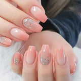 Qfdian 24Pcs Gradient Short Ballet Nails Set with Glue White Simple False Nails Coffin Fake Nail Press on Nails Full Cover Nail Tips