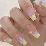 Qfdian Handmade French False Press On Nails Milk yellow With Rhinestones Full Cover Manicuree Decoration Wearable Artificial Nails