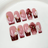 Qfdian  10pcs Luxury Gold Press on Nails 3D Flower False Nails Pearl French Manicure Handmade Fake Nail Tips Square Medium Nail Stickers