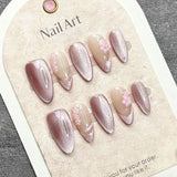 10pcs Handmade Press on Nails Purple Cat Eye Fake Nails for Girls Women Wearable Detchable Sweet Flower Almond False Nails
