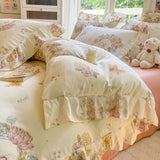Qfdian  INS Floral Style Bedding Sets Ruffle Lace Bow Quilt Cover Romantic Bedclothes Decor Woman Girls Bedroom Duvet Cover 4pcs