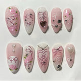 Qfdian  24pcs Press on Fake Nails Set Almond Wearable Simple French Flower False Nail Art Gold Beads Design Diamond Manicure Tips