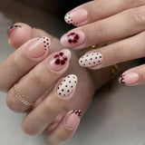 Qfdian  24pcs Sweet Pink Flower Press On Nails Glossy Short Almond Full Cover Stick-on Nails Gold Stripe Blush Artificial False Nails
