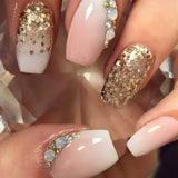 Qfdian  24Pcs Short Square Coffin False Nails Square Fake Nails with Glue French Glitter Wearable Acrylic Nails Set Press on Nail Tips