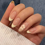 Qfdian 24pcs Simple Almond False Nails Sets Blush Design Press on Nails Art Datachable Short Oval Fake Nail with Jelly Glue Manicure