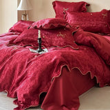 Qfdian  Bow Embroidery Luxury Wedding Bedding Set Red Jacquard Egyptian Cotton Duvet Cover Flat Bed Sheet Pillowcases 4Pcs