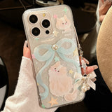 Qfdian Elegant pearl blue bow bracelet capa for iphone 13pro 15pro 11 13 12 13promax 14 15 pro max 14pro cute cat shiny star phone case
