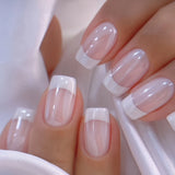 Qfdian 24Pcs Gradient Short Ballet Nails Set with Glue White Simple False Nails Coffin Fake Nail Press on Nails Full Cover Nail Tips