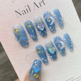 Qfdian 10Pcs Aurora Handmade False Nails with Jelly Glue Long Almond Fake Nail Art Shell Design Press on Nails Full Cover Manicure Tips