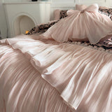 Qfdian  Vintage Floral Print Ruffles Bow Princess Bedding Set Egyptian Cotton Duvet Cover Bed Sheet Pillowcases