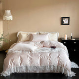 Qfdian Romantic Lace Princess Wedding Bedding Set 1000TC Lyocell Cotton Soft Silky Duvet Cover Bed Sheet/Fitted Sheet Pillowcases 4Pcs