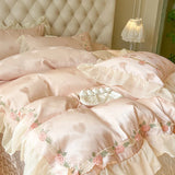 Qfdian 4Pcs Pure Cotton French Flowers Lace Ruffles Princess Wedding Bedding Set Duvet Cover Quilted Bedspread Bed Skirt Pillowcases