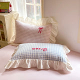 Qfdian  Korean Style Bedding Sets Pink Grid Bow Quilt Cover Romantic Bed Sheet Sets Woman Girls Bedroom Duvet Cover 4pcs