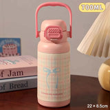 Qfdian  700ML Cute Bow Thermo Water Bottle For Girls Portable Handle 316 Double Drinking Outdoor Sports Straw Vacuum Thermal Bottle Gift